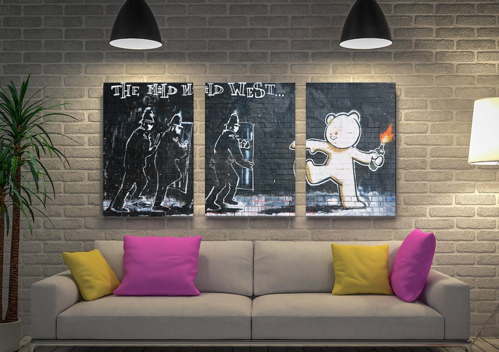 Banksy The Mild Mild West split across three canvas panels, teddy bear and riot police stencil