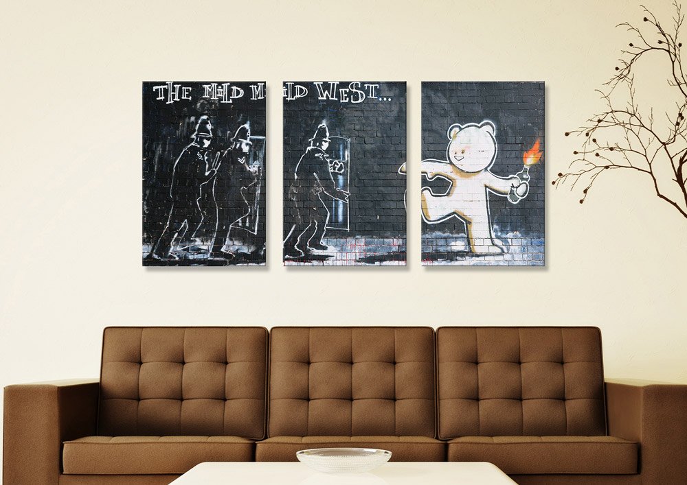 Banksy The Mild Mild West three panel canvas showing a teddy bear throwing a firebomb at riot police