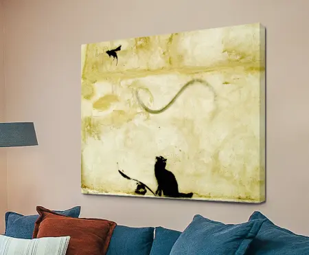 Banksy Cat and Mouse street-art stencil in warm yellow tones