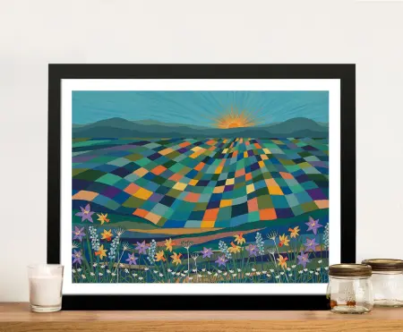 Bright Sun Shiny Day framed print showing colourful patchwork fields under a radiant sunrise with wildflowers in foreground