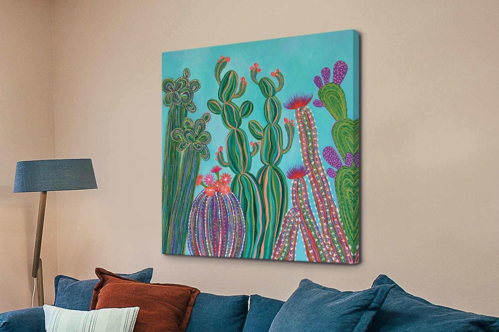 Wide composition of Abstract painting featuring vibrant blue and yellow intersecting lines and shapes, rendered as quality print