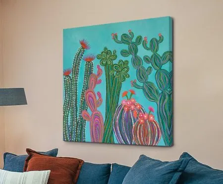 Cactus Party No.2 art, cheerful line-up of potted cacti in bright modern colour
