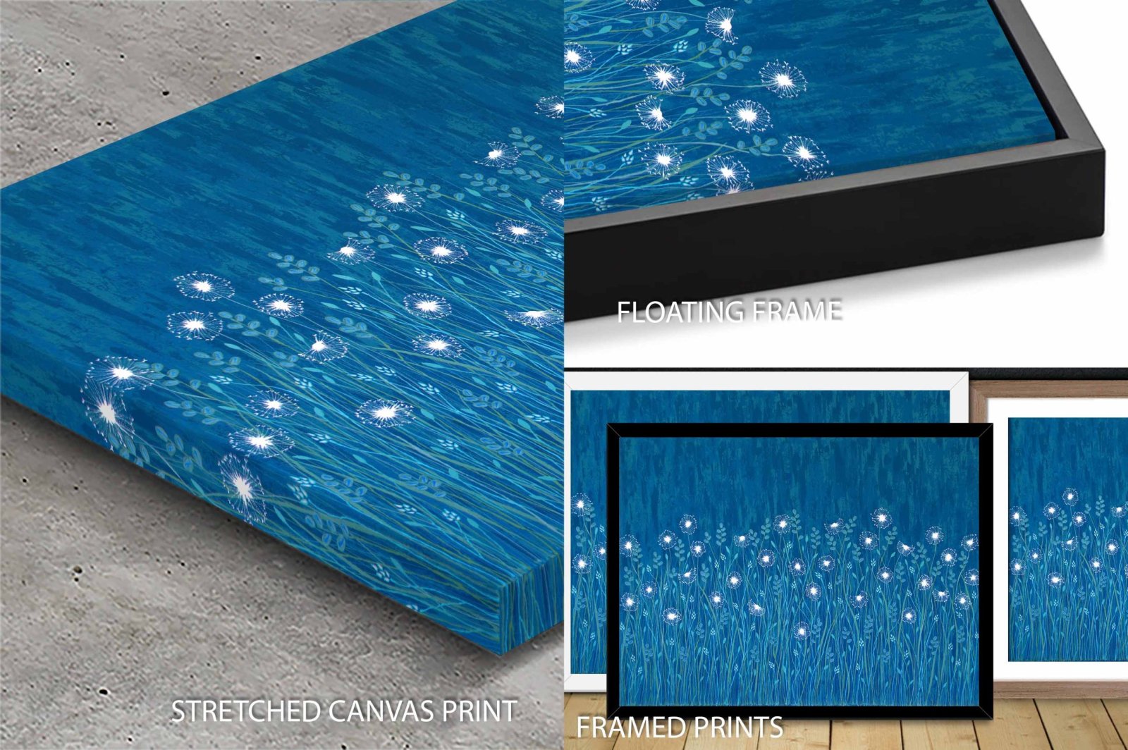 Dandelions on Blue artwork shown as stretched canvas, floating frame and framed prints with white dandelion silhouettes on deep blue background
