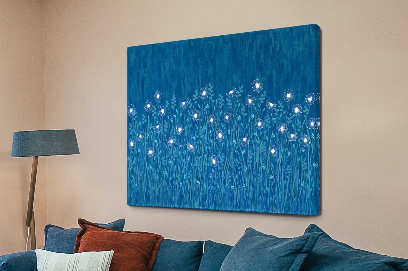 striking modern abstract - Dandelions on Blue, printed as a abstract canvas print