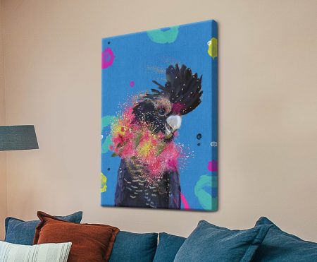 Karin Roberts Drag Cockatoo, a black cockatoo amid hot-pink and yellow bottlebrush on cobalt blue