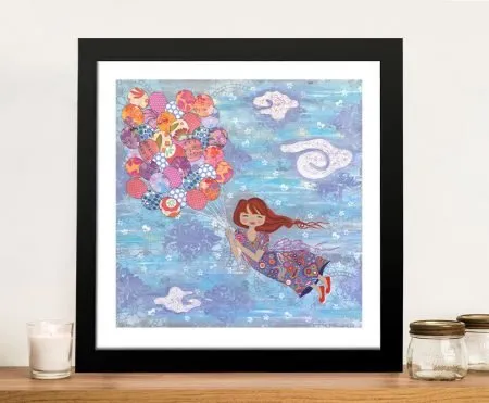 Framed print of Fly High No. 1 by Lisa Frances Judd, colourful tones for a kids WA room