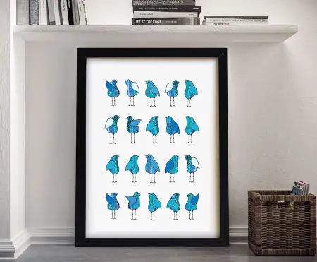 Lisa Frances Judd Gossip Birds animal art print framed black on console floor