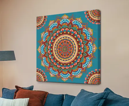 Mandala Dream 1 by James Wiens, an intricate circular mandala in teal, red, gold, ochre and purple