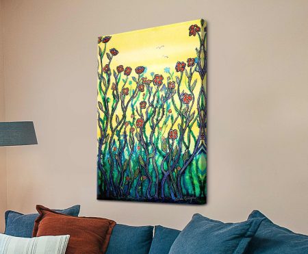 Spring Garden canvas, lush profusion of bright flowers in fresh greens, pinks and gold
