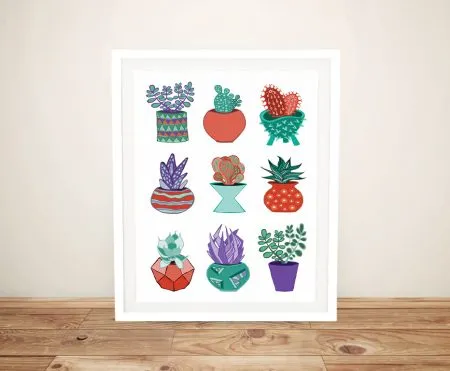 Succulent Mad No.2 framed print showing nine illustrated potted cacti and succulents in teal, red and purple tones