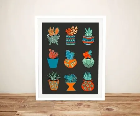Succulent Mad No.4 framed print showing nine potted cacti and succulents in orange and teal on charcoal background