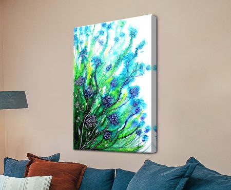 Wildflowers by Linda Callaghan canvas print, flowing watercolour sprays of emerald, turquoise and deep blue florals on white