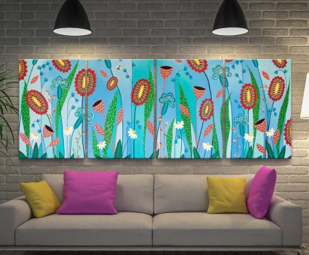 Four panel canvas of Blooming Abundance by Lisa Frances Judd, colourful flowers for a WA space