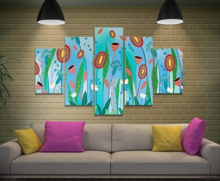 Five panel canvas of Blooming Abundance by Lisa Frances Judd, lush floral tones for a bright room