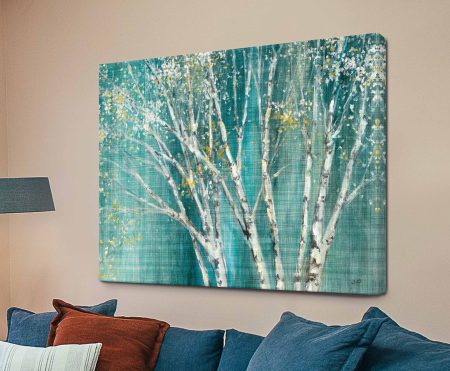 Blue Birch by Julia Purinton, slender birch trees in cool blue tones on canvas