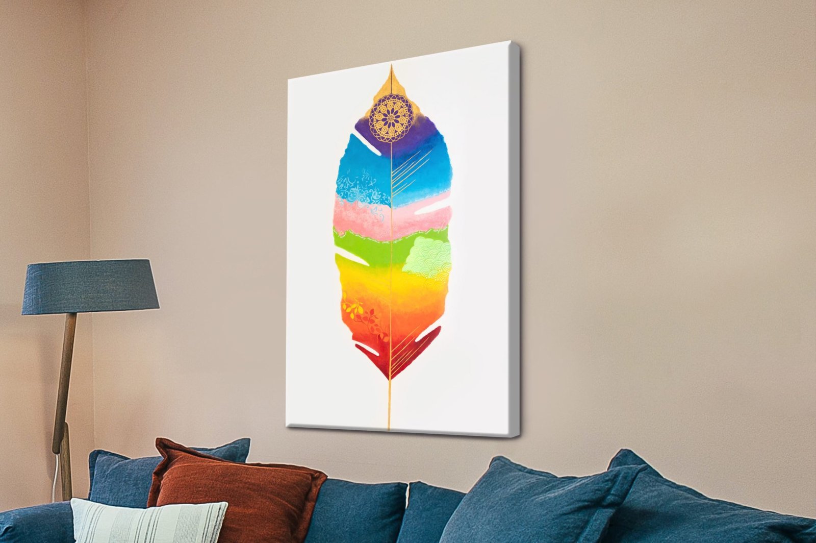 Chakra Feather canvas - geometric canvas by Lisa Frances Judd, minimal and gallery-ready