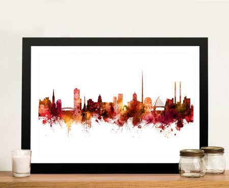 Framed print of the Dublin skyline in red tones for a modern WA space