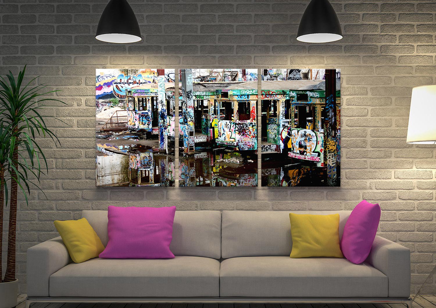 Three panel canvas of Mirrors by Steve McLaren, vivid tram graffiti palette for a WA space
