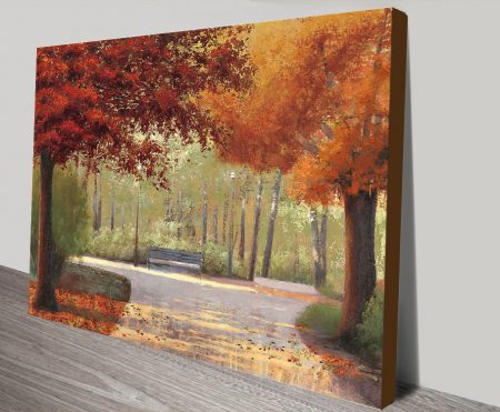 Autumn Stroll print with a warm leaf-strewn walking path