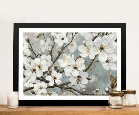 Framed Cherry Blossom in Blue with delicate blossoms on deep blue