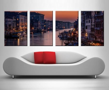 Venice Grand Canal at sunset four-panel in warm golden evening tones