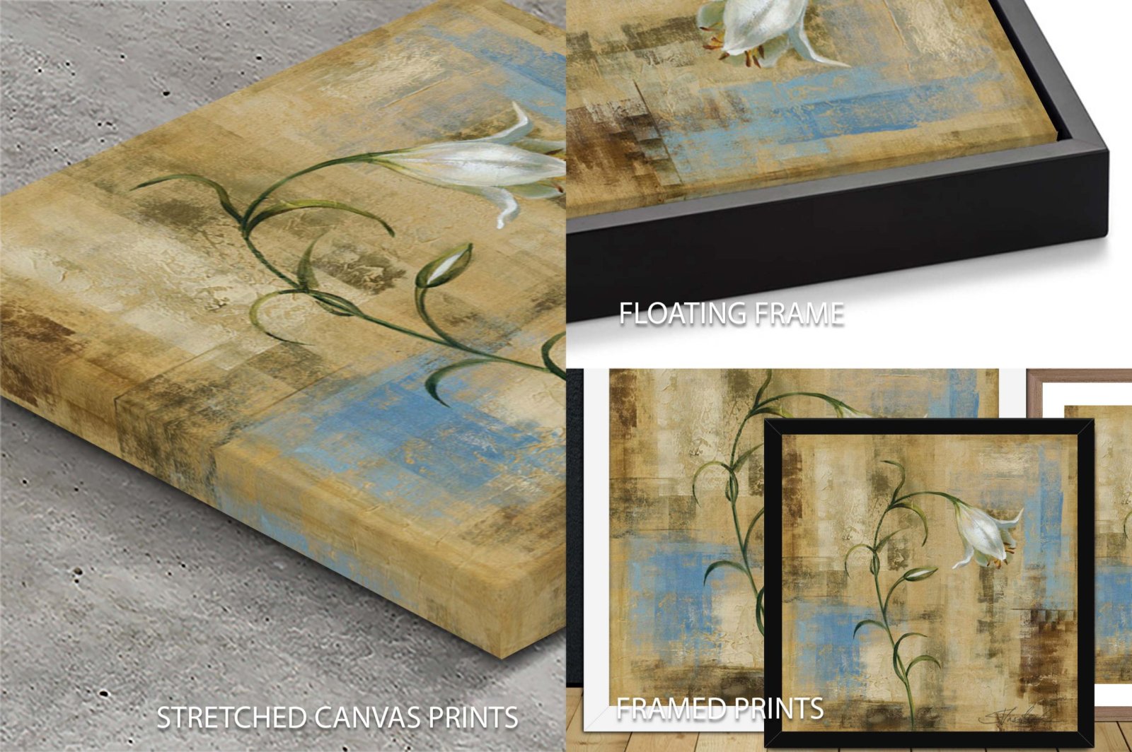 Silvia Vassileva white lily artwork shown as stretched canvas, floating frame and framed print formats with blue and beige tones
