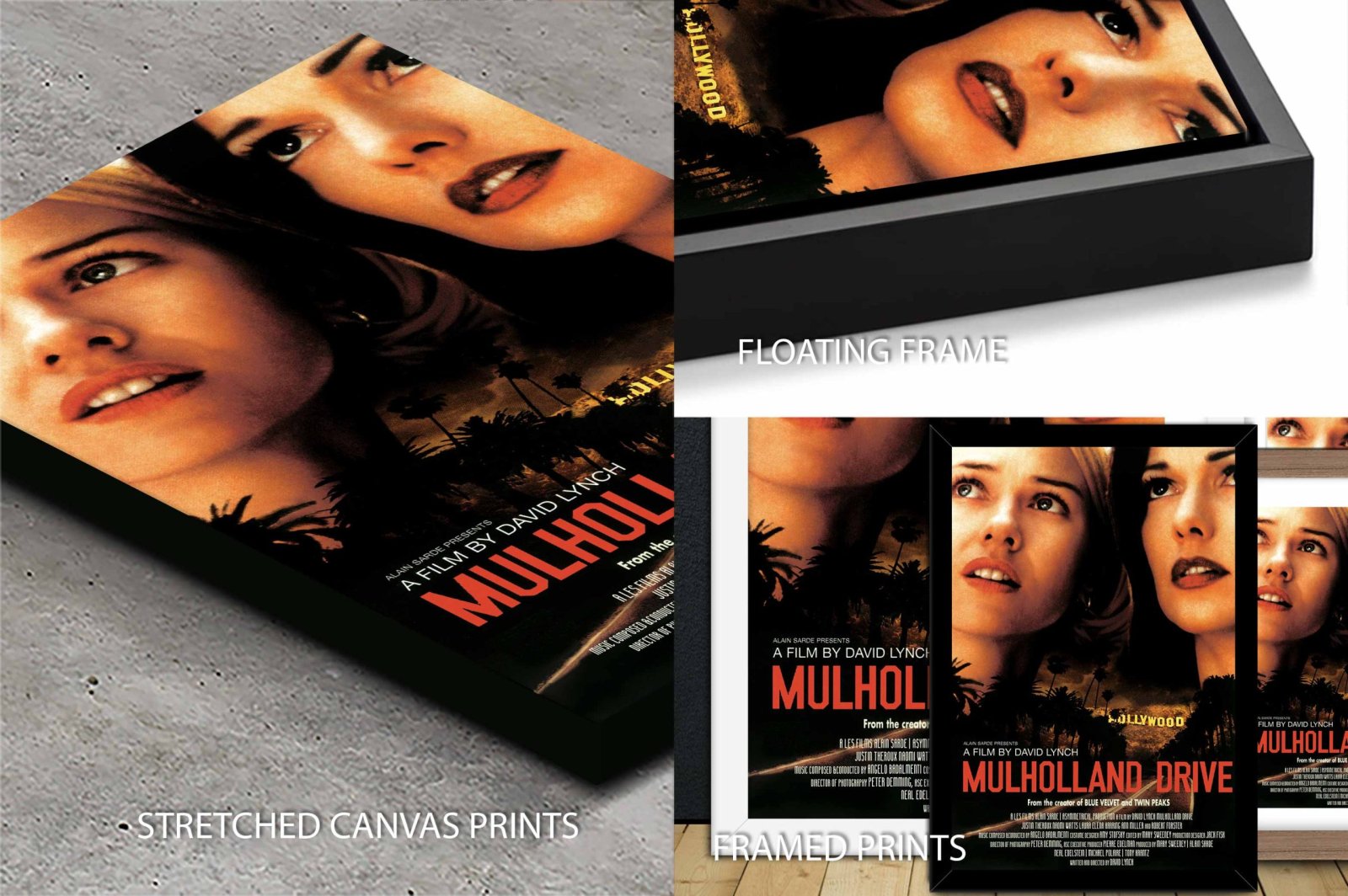 Mulholland Drive movie poster collage showing stretched canvas, floating frame and framed print formats featuring Naomi Watts and Laura Harring