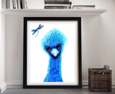 Framed Quirky Emu Making Friends animal art print of a blue emu and dragonfly above a books shelf