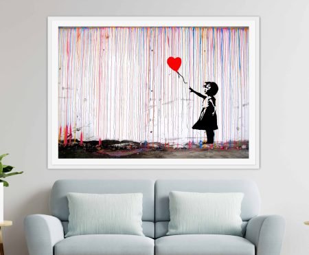 Banksy Colourful Rain Balloon Girl, a girl with a rainbow umbrella in vibrant falling rain