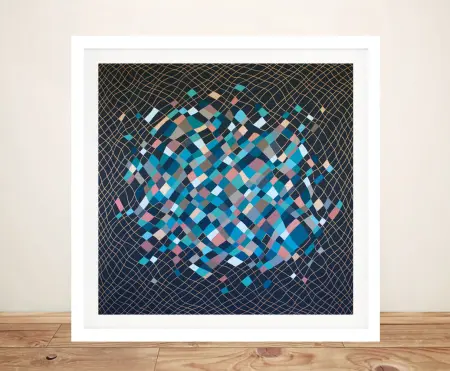 Come Undone by Lisa Frances Judd abstract framed print with teal pink mosaic shapes on navy with gold grid