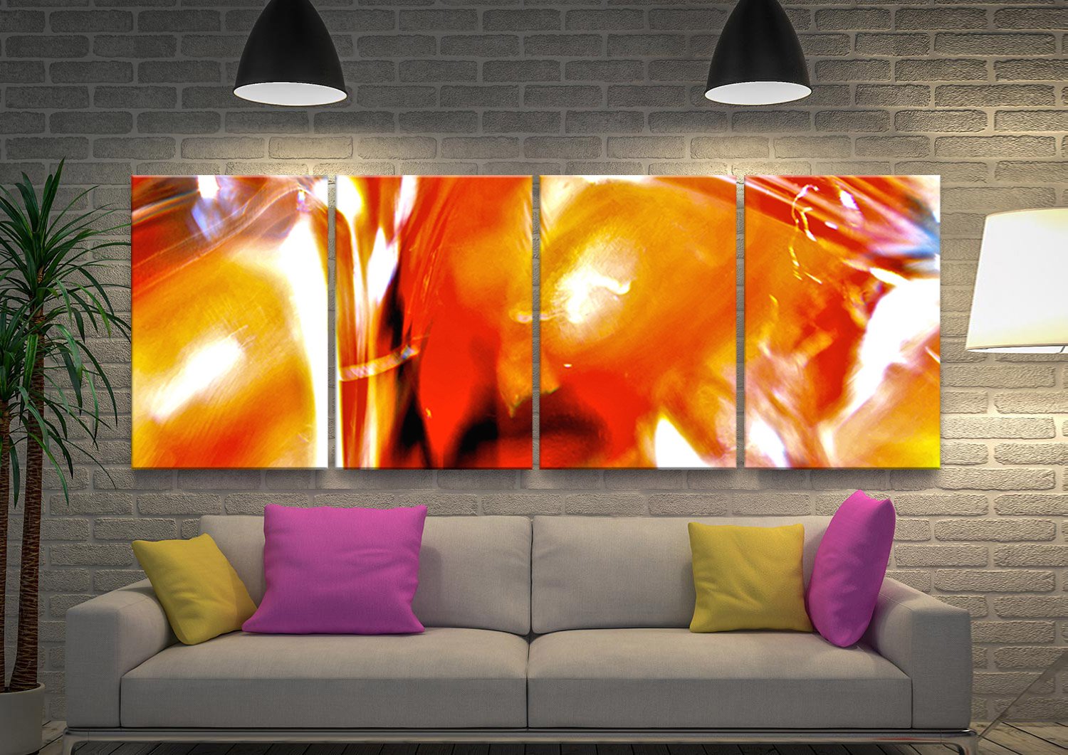 Struggle for Peace four-panel abstract canvas in fiery orange, red and yellow tones above a grey sofa with pink and yellow cushions
