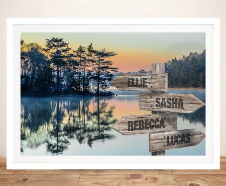 Framed Mountain Lake tree carving with a serene personalised scene