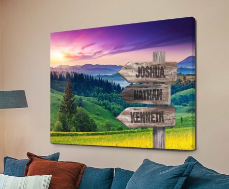 Personalised wooden signpost beneath vivid purple skies over the Ardennes
