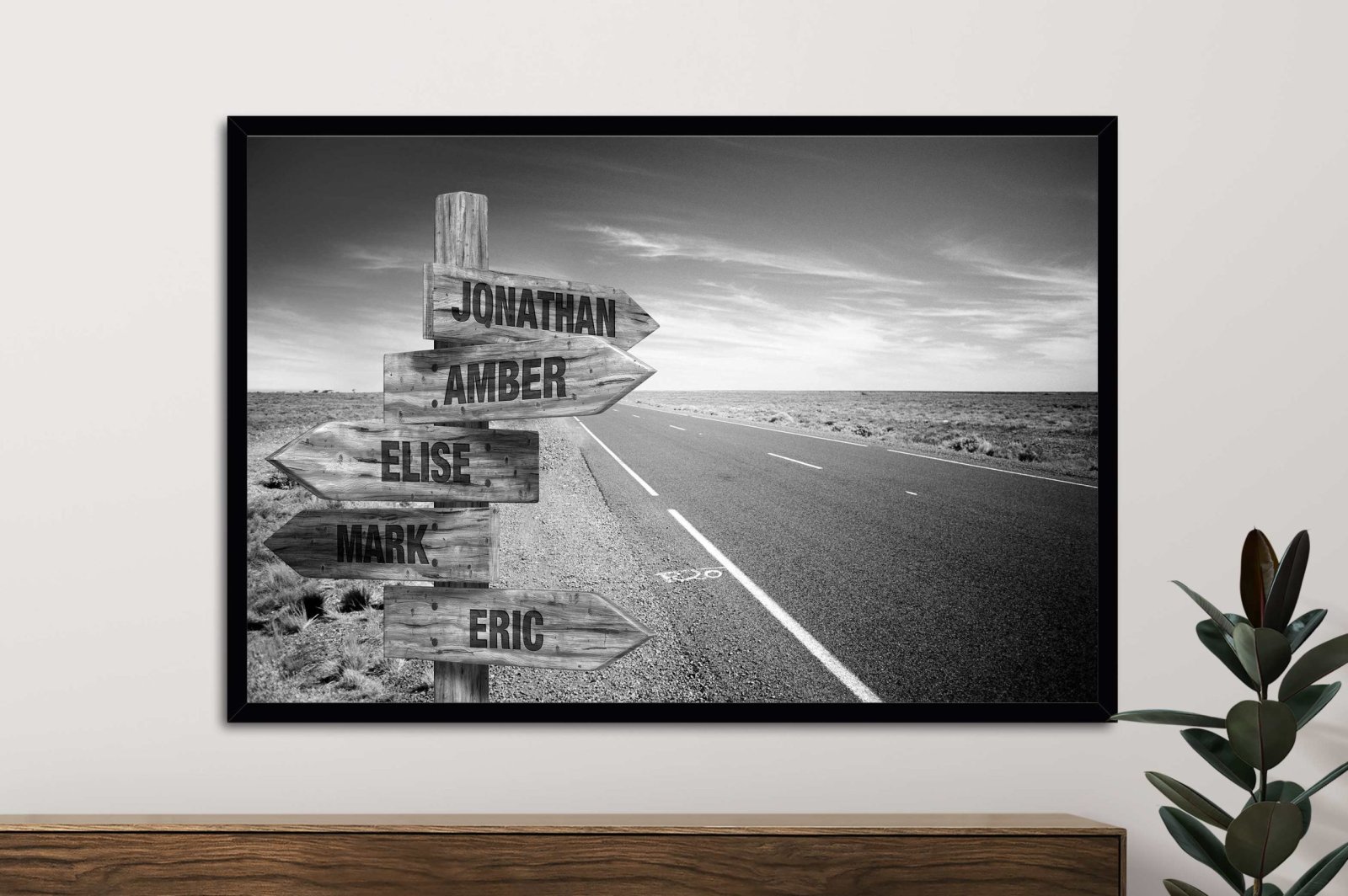 Framed black and white personalised signpost pointing along an outback road