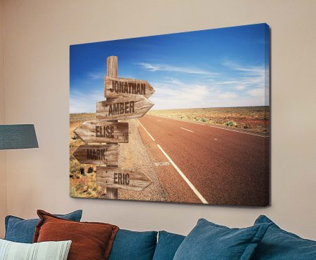 Personalised canvas: Straight Road Wooden Signpost Art with bespoke names and dates printed in our Australian studio