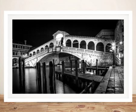 Venice Rialto Bridge at Night canvas, framed in deep tones for a romantic city wall