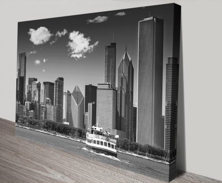 Chicago skyline canvas in black and white tones for a modern city feature wall