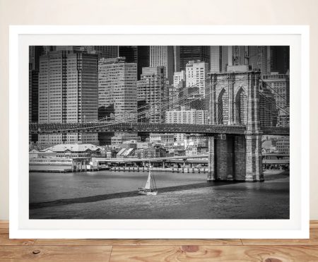 NYC Brooklyn Bridge and East River canvas, framed in bold tones for a city wall