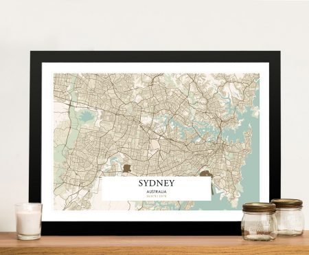 Vintage Sydney map canvas, framed in warm sepia tones for a characterful study wall