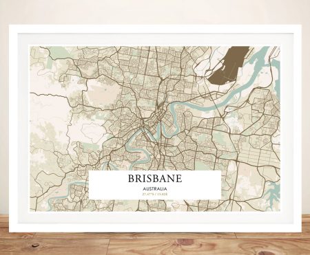 Vintage Brisbane map canvas, framed in warm sepia tones for a characterful study wall