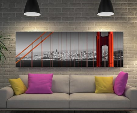 Golden Gate Bridge panoramic canvas in warm tones for a striking wide city wall