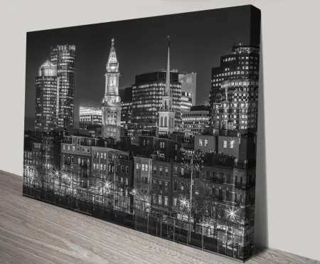 Boston North End Financial District black white skyline office canvas print stretched timber floor