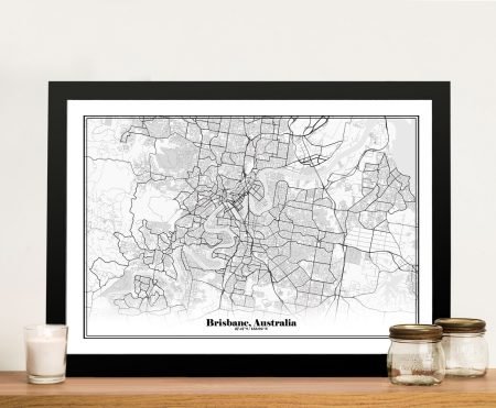Brisbane monochrome map canvas, framed in crisp grey tones for a modern study wall