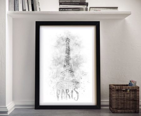 Eiffel Tower watercolour in black and white, soft monochrome washes of the Paris landmark