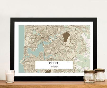 Perth vintage map canvas, framed in warm retro tones for a local study feature wall