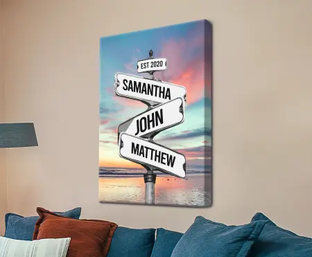 Retro personalised beach signpost canvas print with weathered timber signs