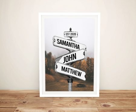Framed Signpost in the Forest canvas in warm retro tones for a cosy hallway wall