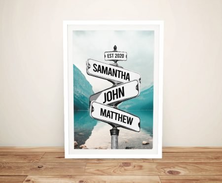 Framed Signpost by the Lake canvas in warm tones for a nostalgic feature wall