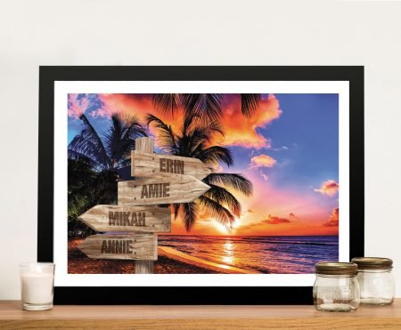 Framed Tropical Signpost canvas in warm island tones for a breezy feature wall