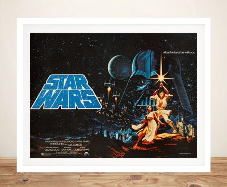 Star Wars 1977 rare quad poster star wars framed print on white wall above timber floor